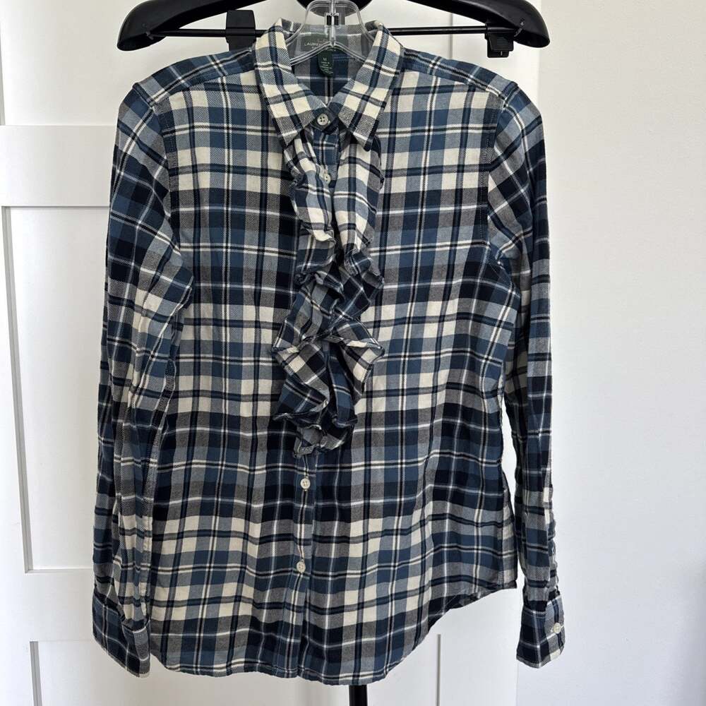 Lauren Ralph Lauren Plaid Check Ruffled Lightweight Flannel Cotton Blouse M Blue